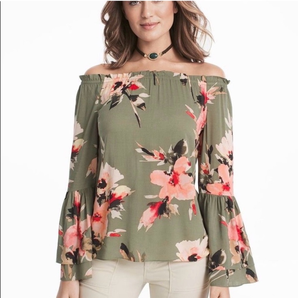 White House Black Market Olive Off-Shoulder Floral Bell-Sleeve Top
